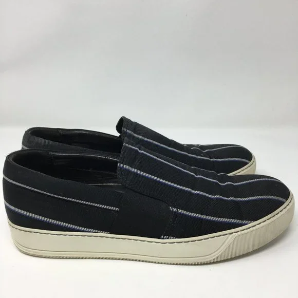 LANVIN Mens 8 Authentic Canvas Slip On Black and White Stripe Leather Interior - Picture 5 of 10